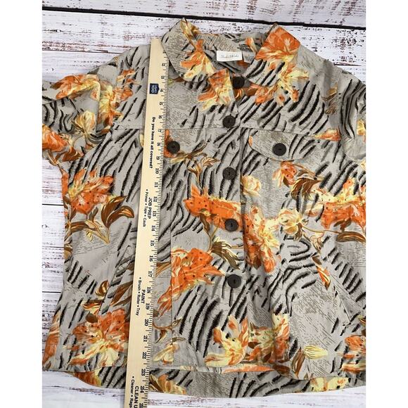 Studio Works Tan Orange Yellow Floral Sequin Cotton Button Up Jacket size Large - Picture 9 of 11